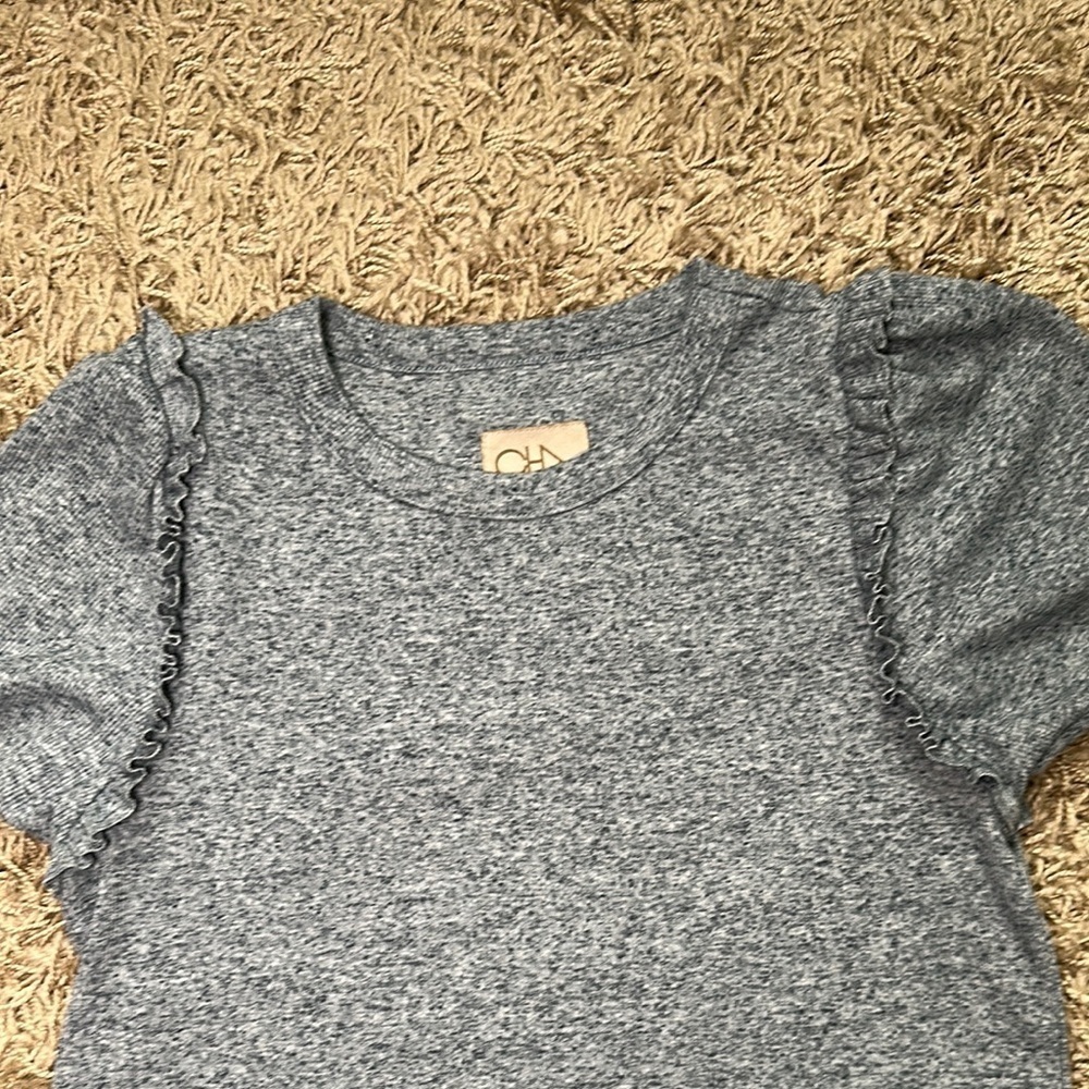 Chaser Blue Short Sleeve Knit Ruff Edge‎ Hem Tee with Puff Sleeves Size Medium - Picture 2 of 7